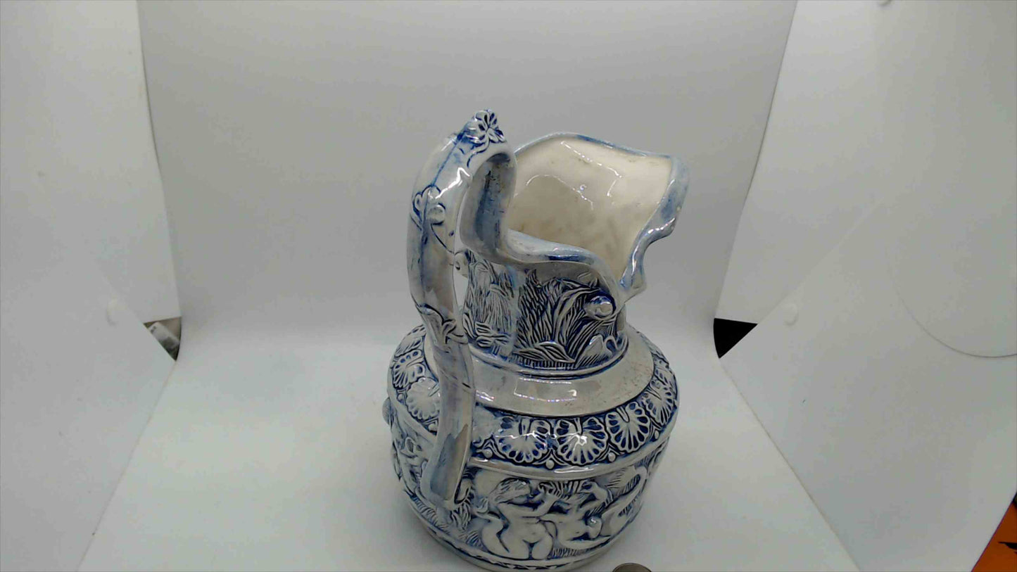 Large Blue & White Relief-Molded Ceramic Pitcher Ewer – 10" Tall, Classical Figural Cherub Frieze, Victorian Baroque Style