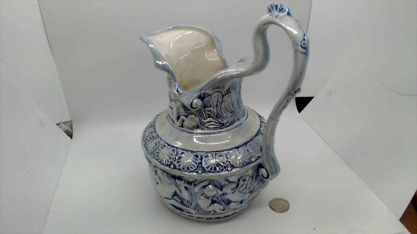 Large Blue & White Relief-Molded Ceramic Pitcher Ewer – 10" Tall, Classical Figural Cherub Frieze, Victorian Baroque Style