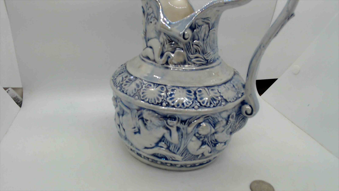 Large Blue & White Relief-Molded Ceramic Pitcher Ewer – 10" Tall, Classical Figural Cherub Frieze, Victorian Baroque Style