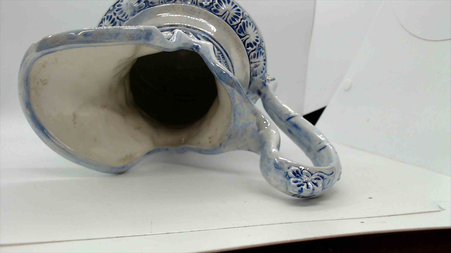 Large Blue & White Relief-Molded Ceramic Pitcher Ewer – 10" Tall, Classical Figural Cherub Frieze, Victorian Baroque Style