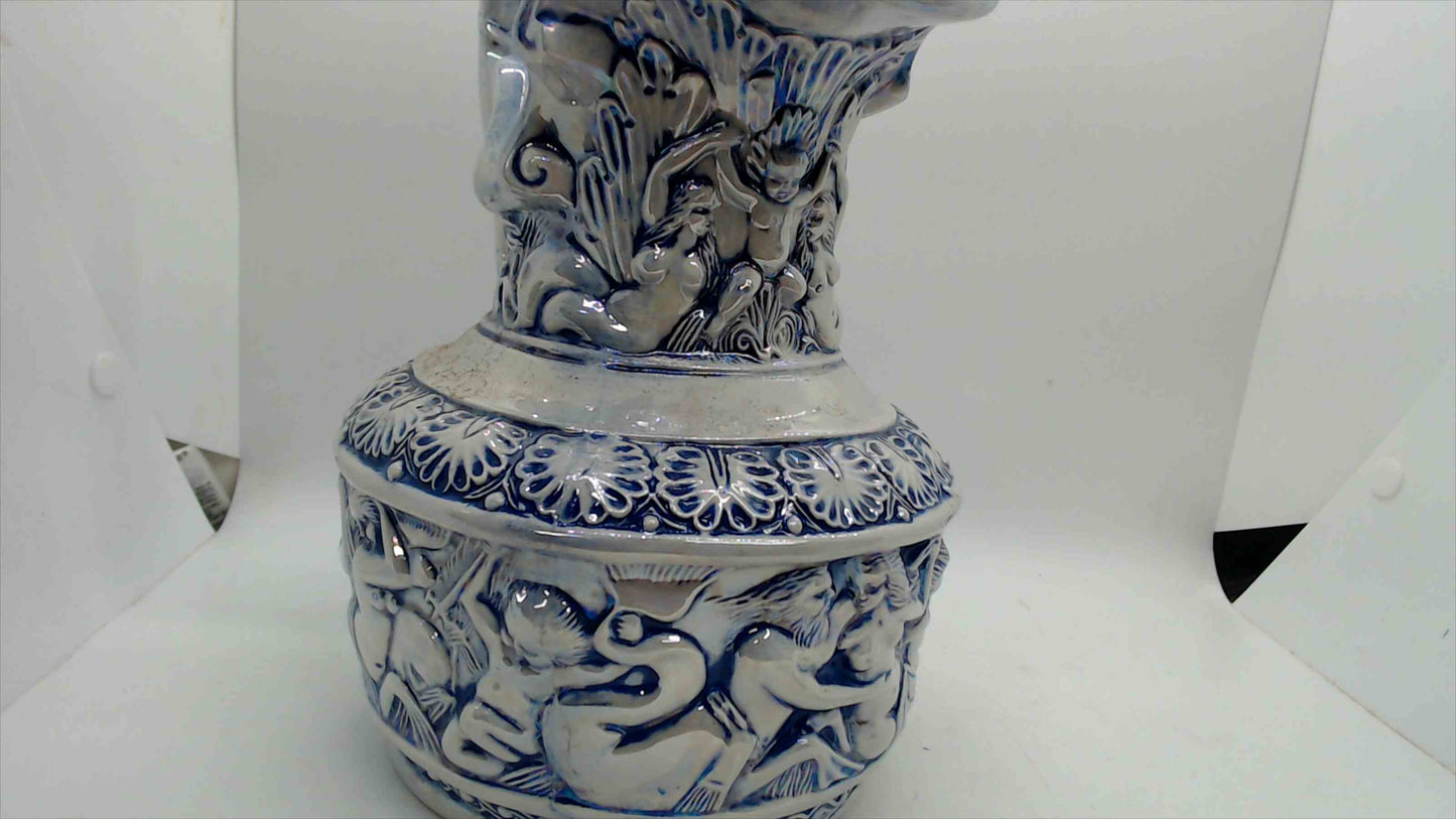 Large Blue & White Relief-Molded Ceramic Pitcher Ewer – 10" Tall, Classical Figural Cherub Frieze, Victorian Baroque Style