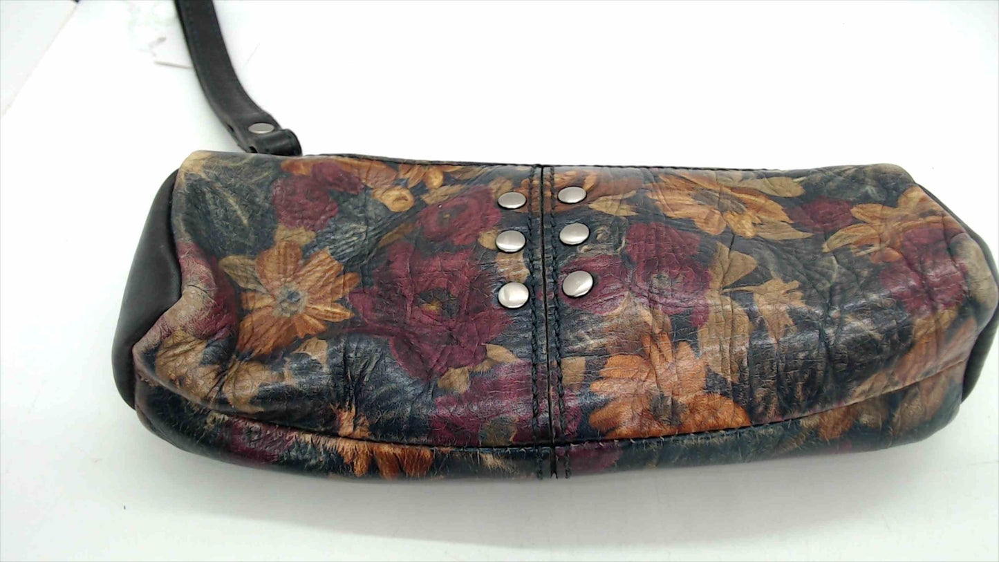 Patricia Nash Hand-Painted Floral Leather Wristlet Clutch – 9" Long, Burgundy Rose & Sunflower, Boho