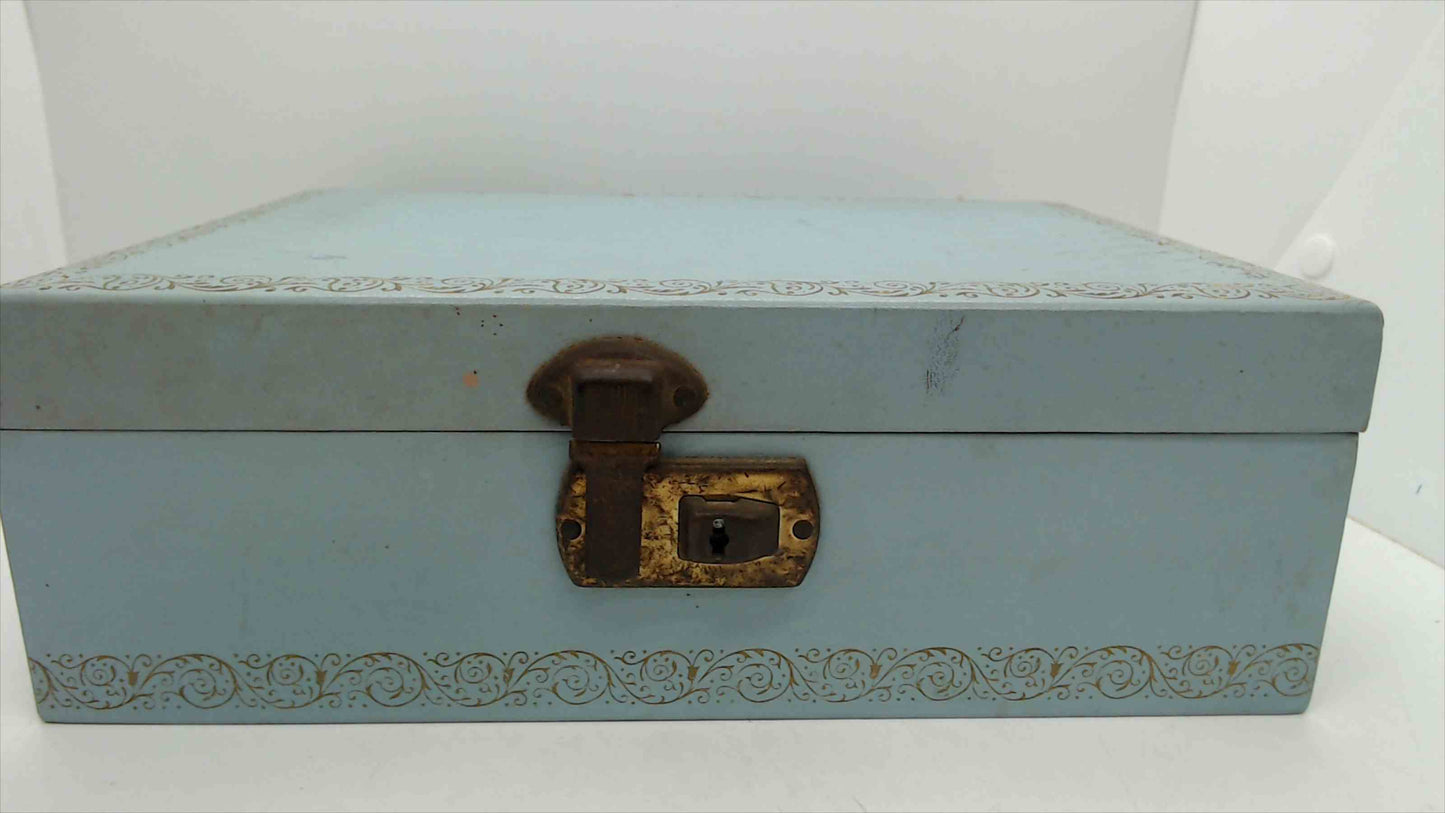 Vintage Powder Blue Fabric Jewelry Box – 10"x7"x3.5", Gold Scrollwork Border, Lift-Out Tray, Mid-Century