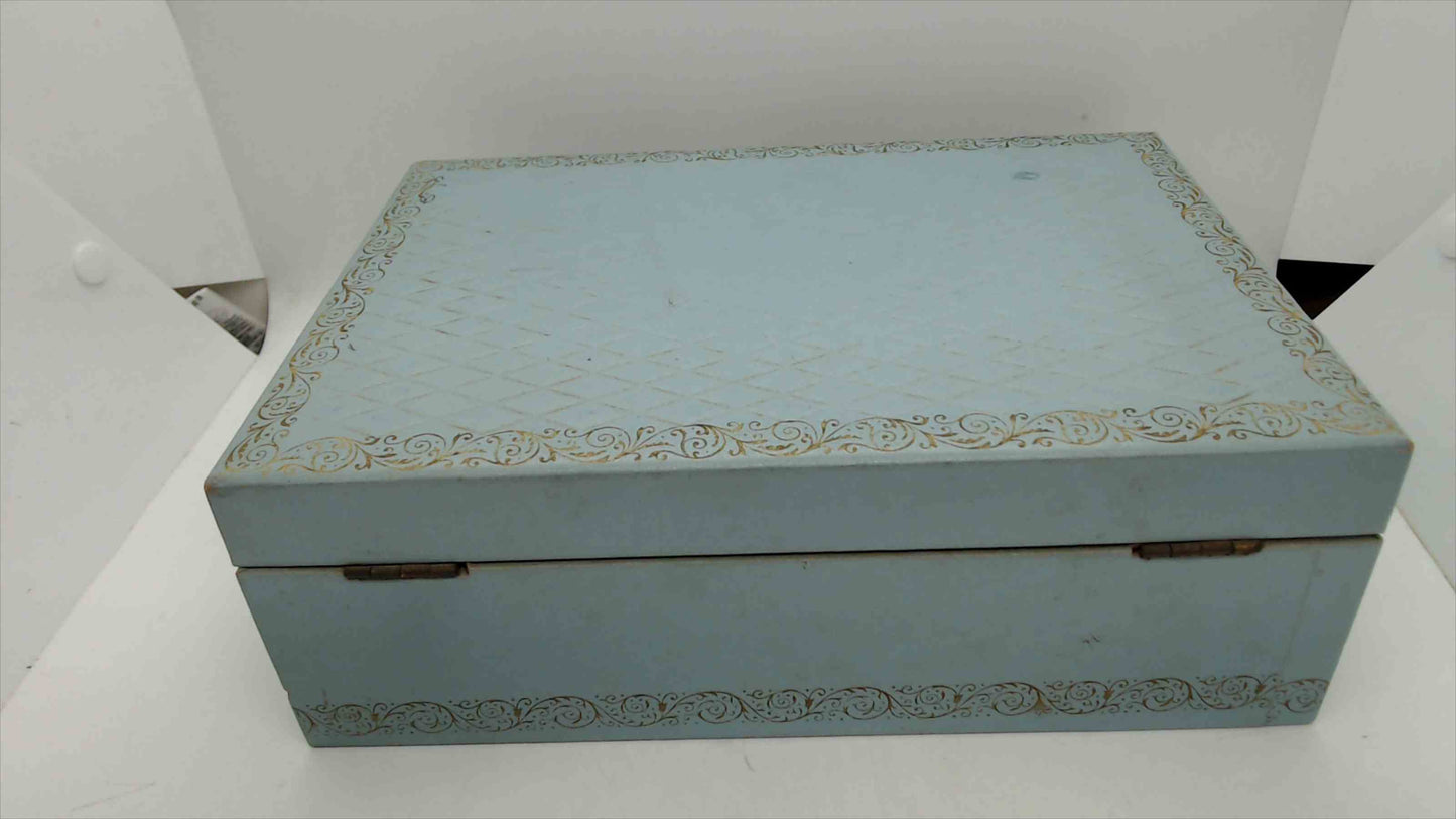Vintage Powder Blue Fabric Jewelry Box – 10"x7"x3.5", Gold Scrollwork Border, Lift-Out Tray, Mid-Century