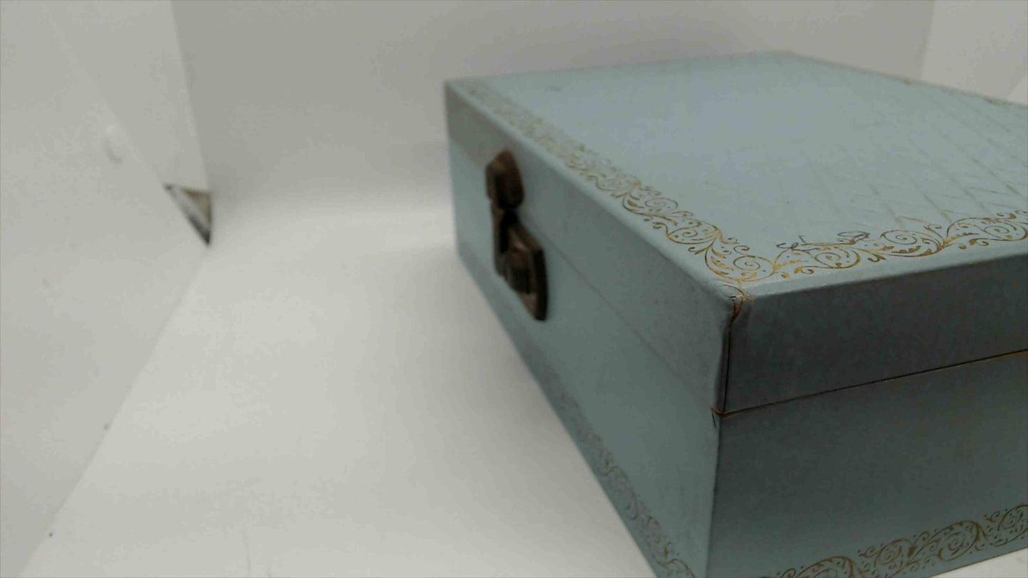 Vintage Powder Blue Fabric Jewelry Box – 10"x7"x3.5", Gold Scrollwork Border, Lift-Out Tray, Mid-Century