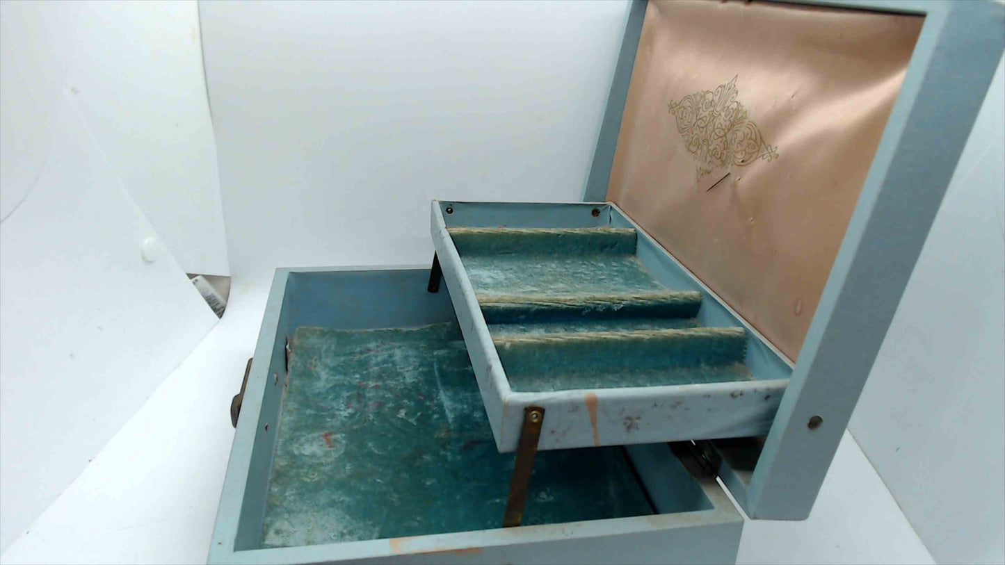 Vintage Powder Blue Fabric Jewelry Box – 10"x7"x3.5", Gold Scrollwork Border, Lift-Out Tray, Mid-Century