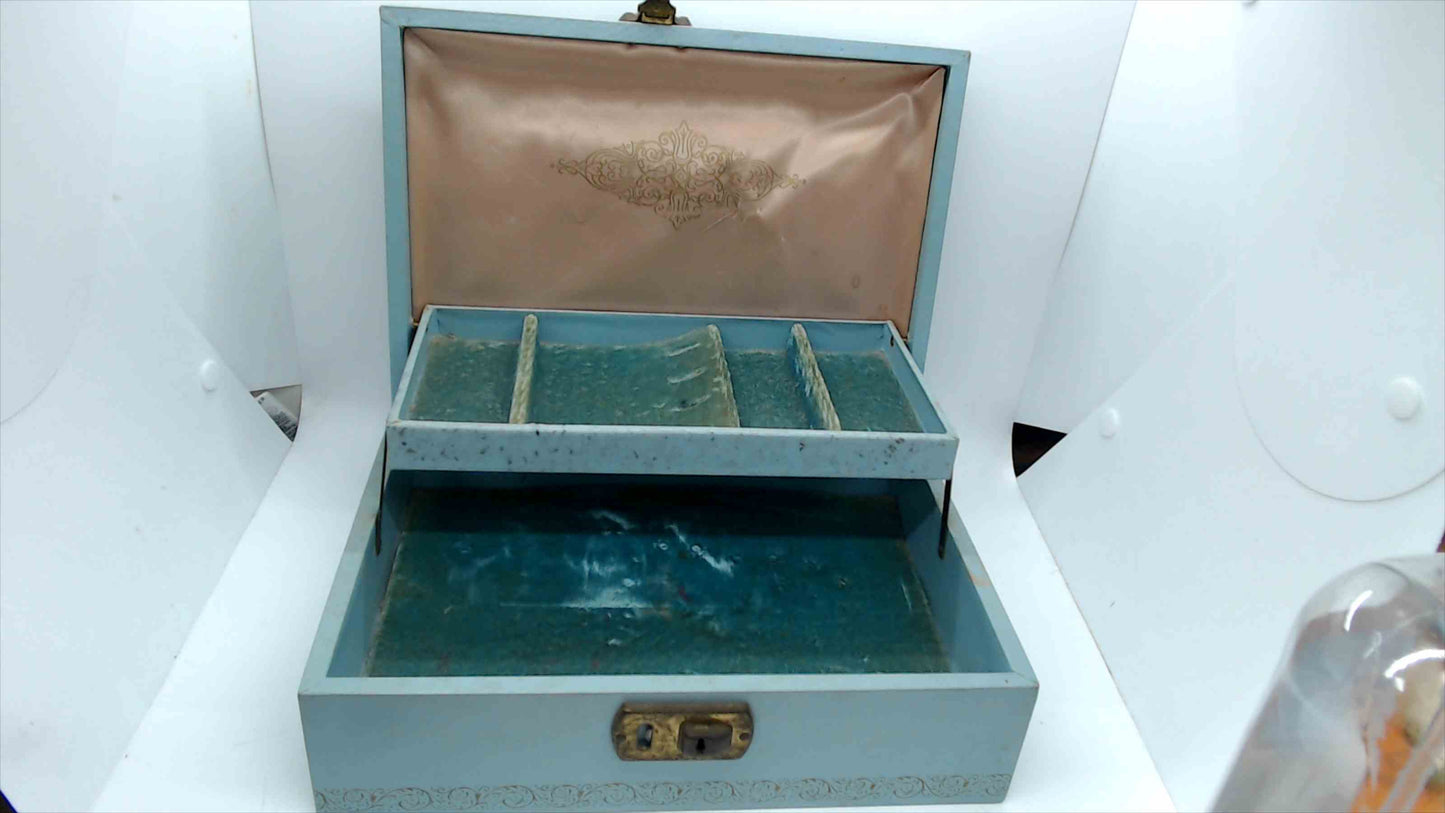 Vintage Powder Blue Fabric Jewelry Box – 10"x7"x3.5", Gold Scrollwork Border, Lift-Out Tray, Mid-Century