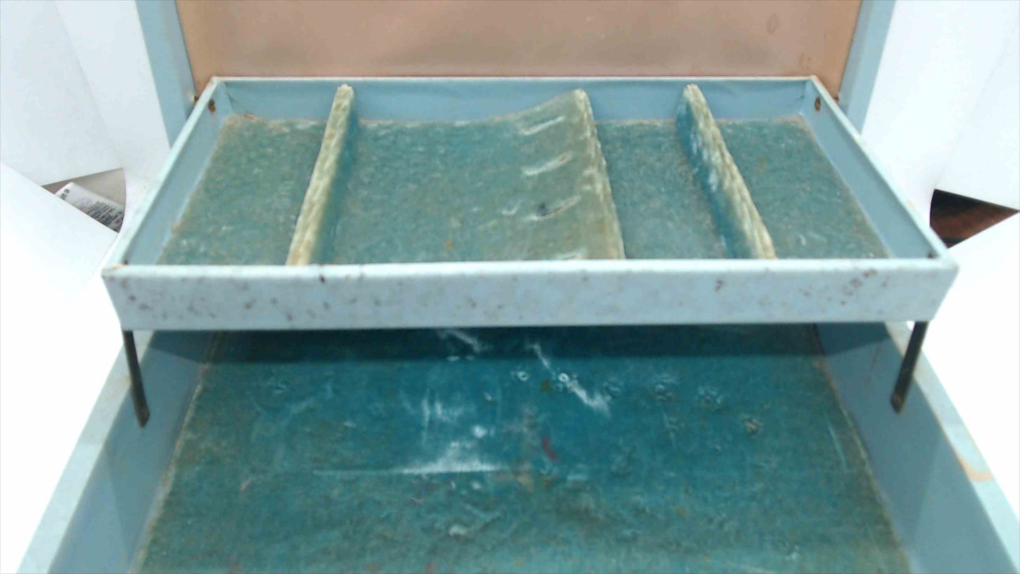 Vintage Powder Blue Fabric Jewelry Box – 10"x7"x3.5", Gold Scrollwork Border, Lift-Out Tray, Mid-Century