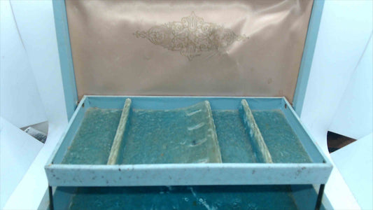 Vintage Powder Blue Fabric Jewelry Box – 10"x7"x3.5", Gold Scrollwork Border, Lift-Out Tray, Mid-Century