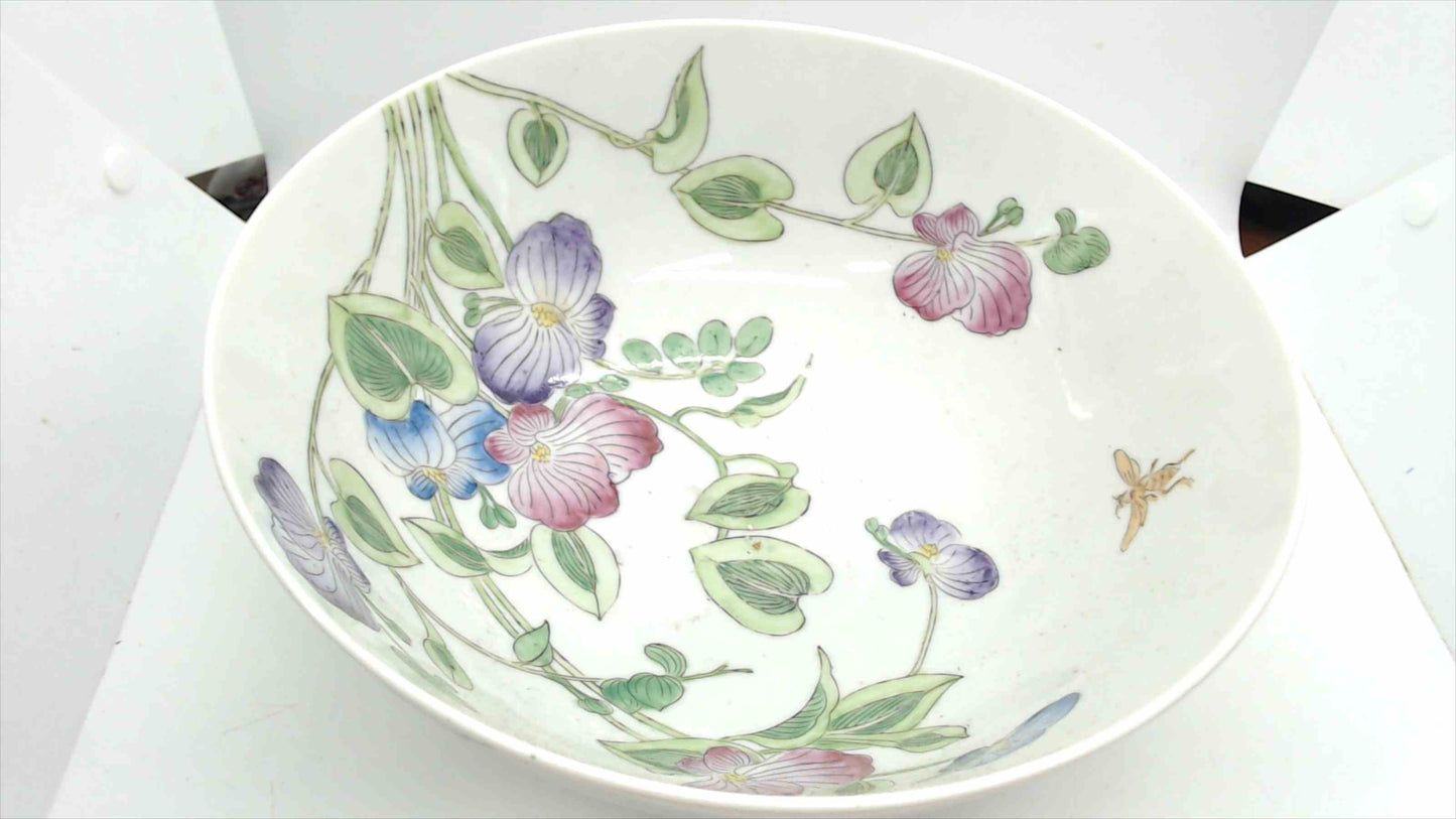 King’s Fine China Hand-Decorated Porcelain Bowl – 10"x4.5", Sweet Pea Floral, Macao, Qianlong Reign Mark