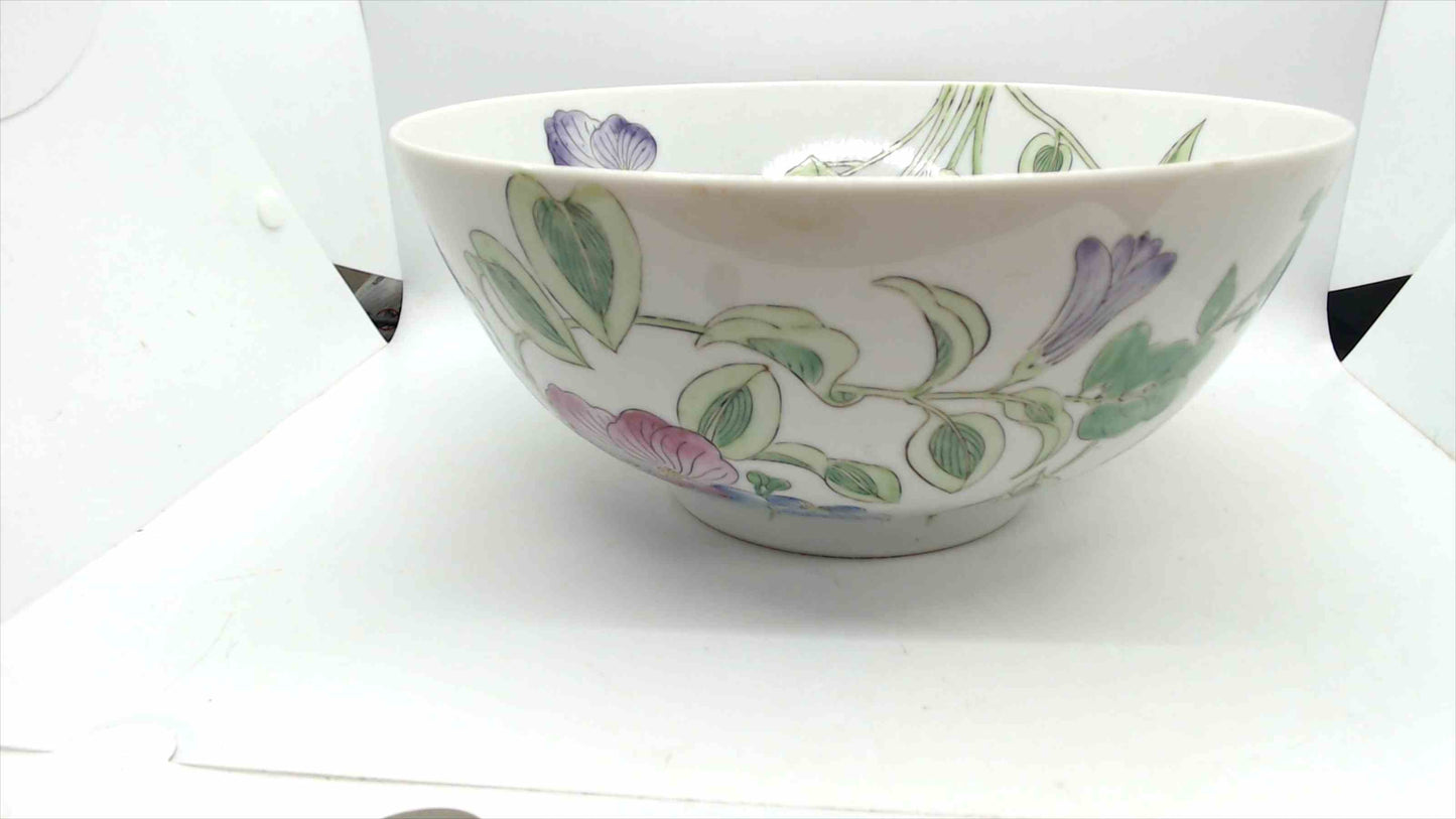 King’s Fine China Hand-Decorated Porcelain Bowl – 10"x4.5", Sweet Pea Floral, Macao, Qianlong Reign Mark