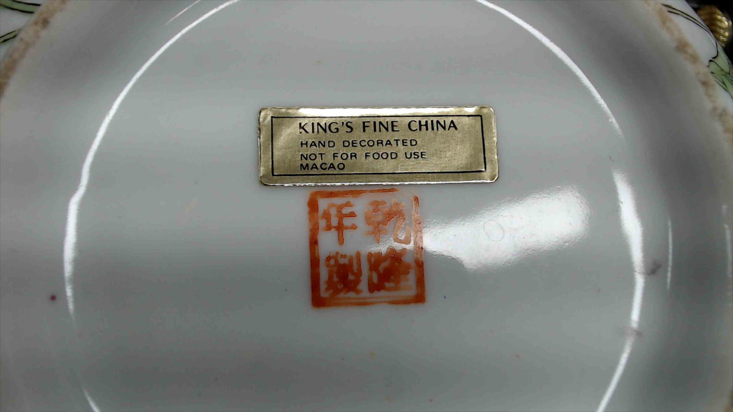 King’s Fine China Hand-Decorated Porcelain Bowl – 10"x4.5", Sweet Pea Floral, Macao, Qianlong Reign Mark