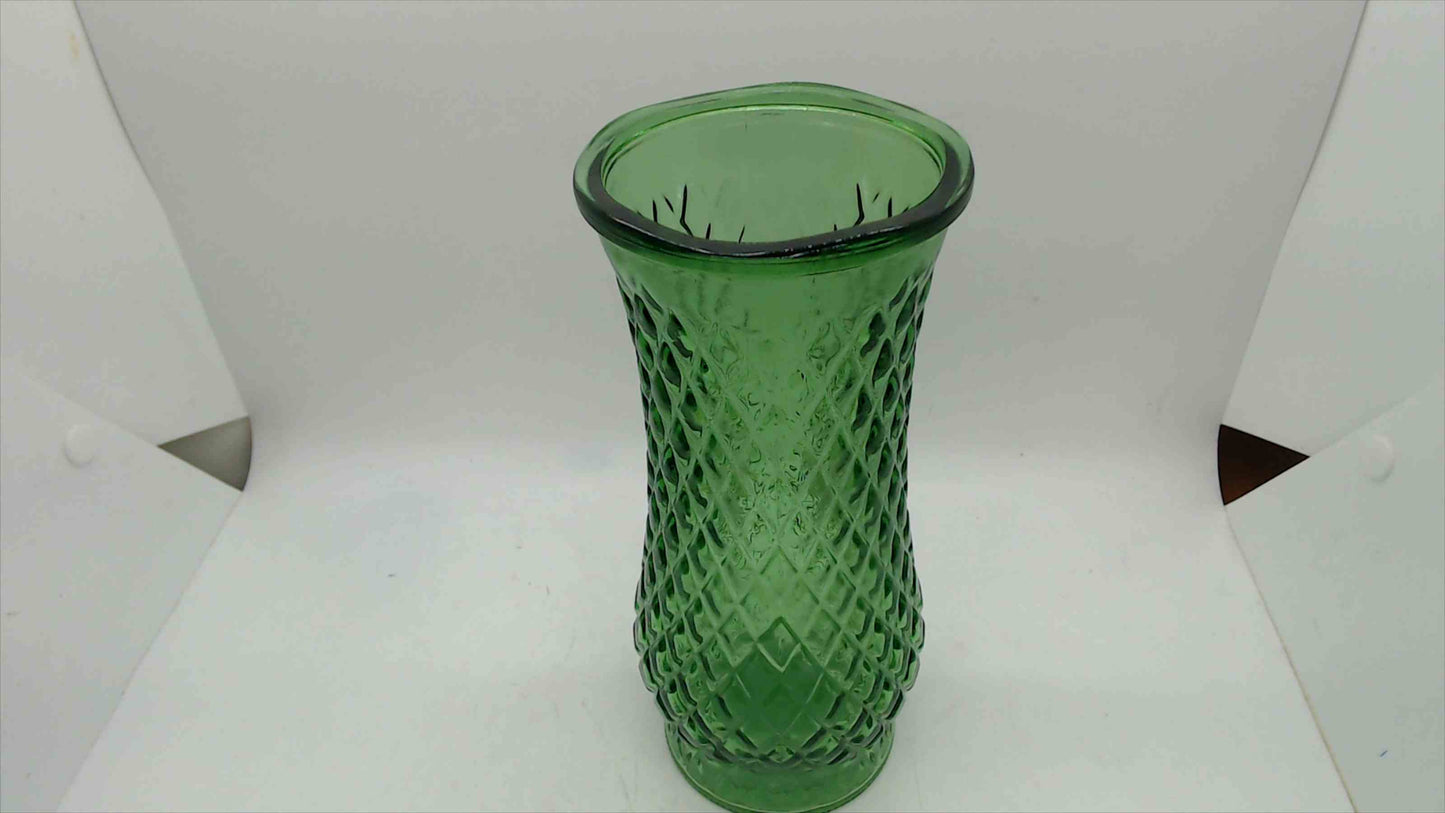 Vintage E.O. Brody Co. Green Diamond Quilted Glass Vase – 8" Tall