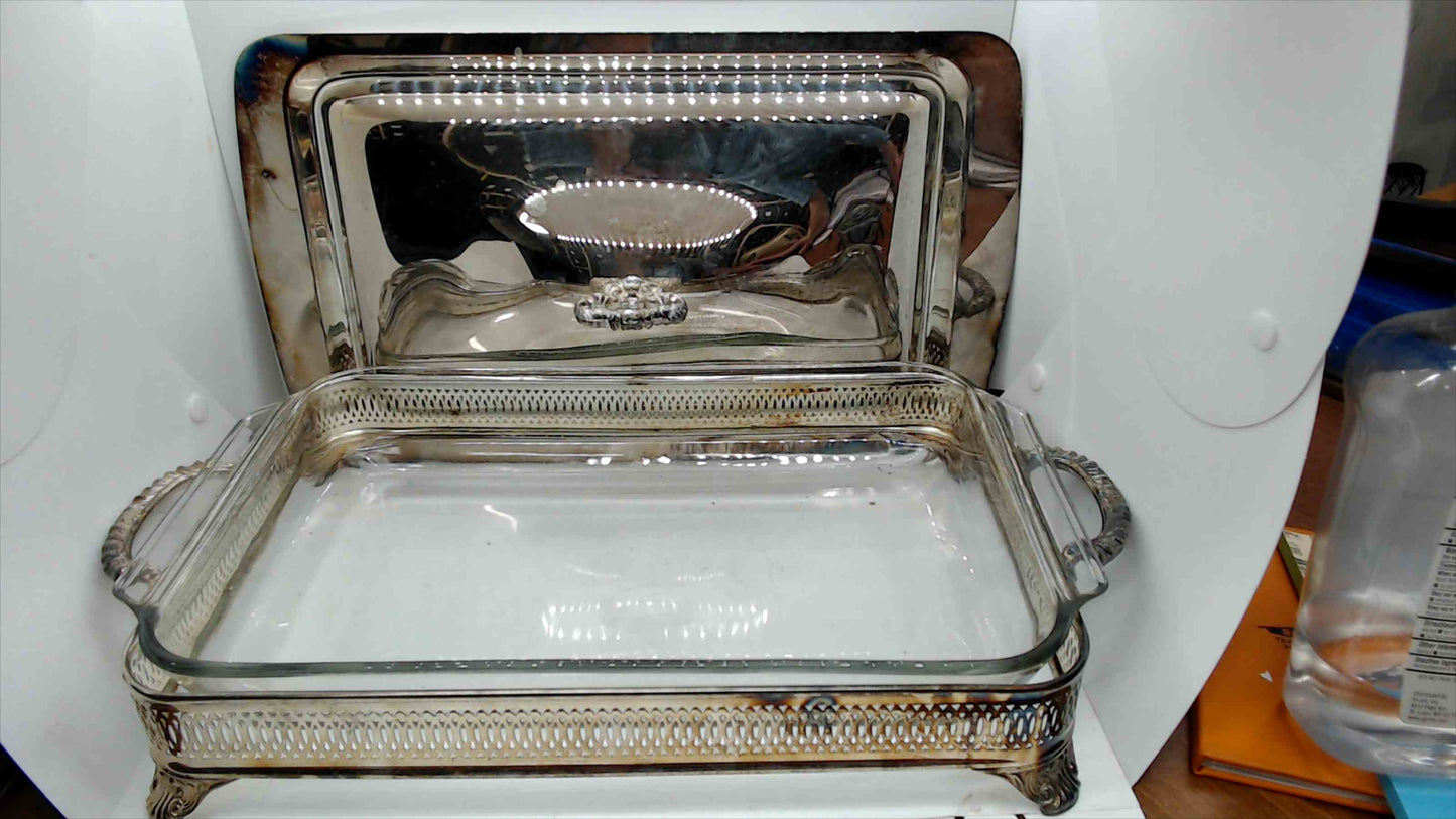 Silver Plated 3-Piece Casserole Server Set – Pierced Gallery Frame, Domed Lid & Glass Baking Dish