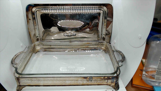 Silver Plated 3-Piece Casserole Server Set – Pierced Gallery Frame, Domed Lid & Glass Baking Dish
