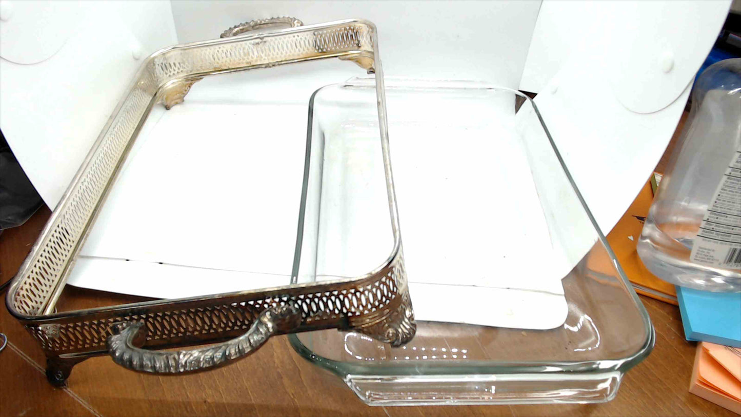 Silver Plated 3-Piece Casserole Server Set – Pierced Gallery Frame, Domed Lid & Glass Baking Dish