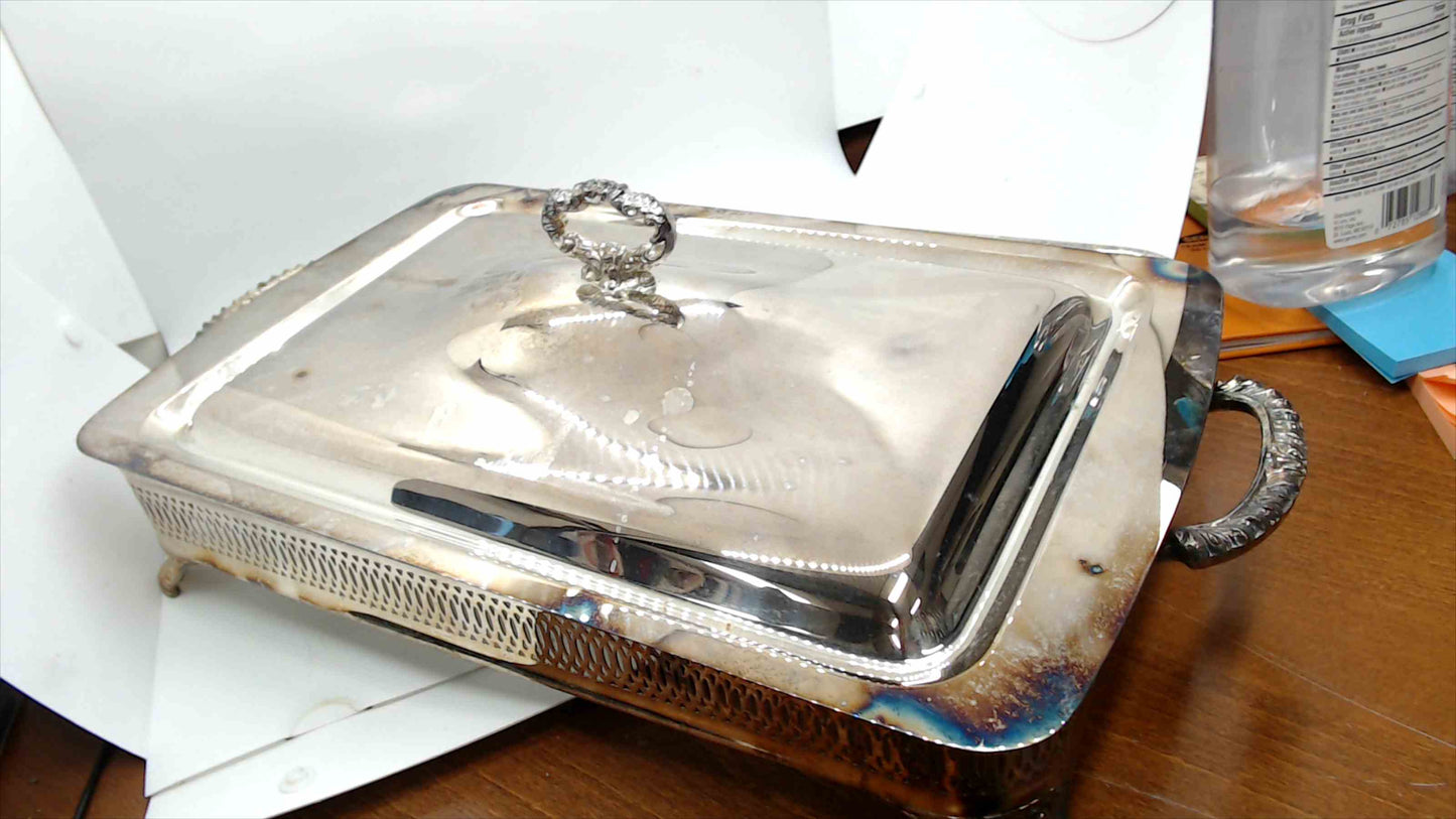 Silver Plated 3-Piece Casserole Server Set – Pierced Gallery Frame, Domed Lid & Glass Baking Dish