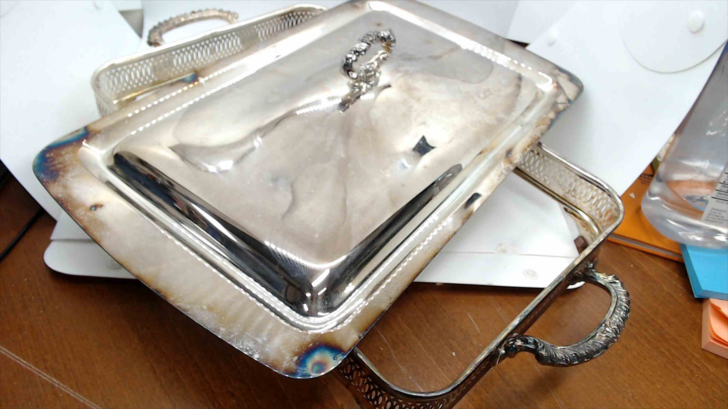 Silver Plated 3-Piece Casserole Server Set – Pierced Gallery Frame, Domed Lid & Glass Baking Dish