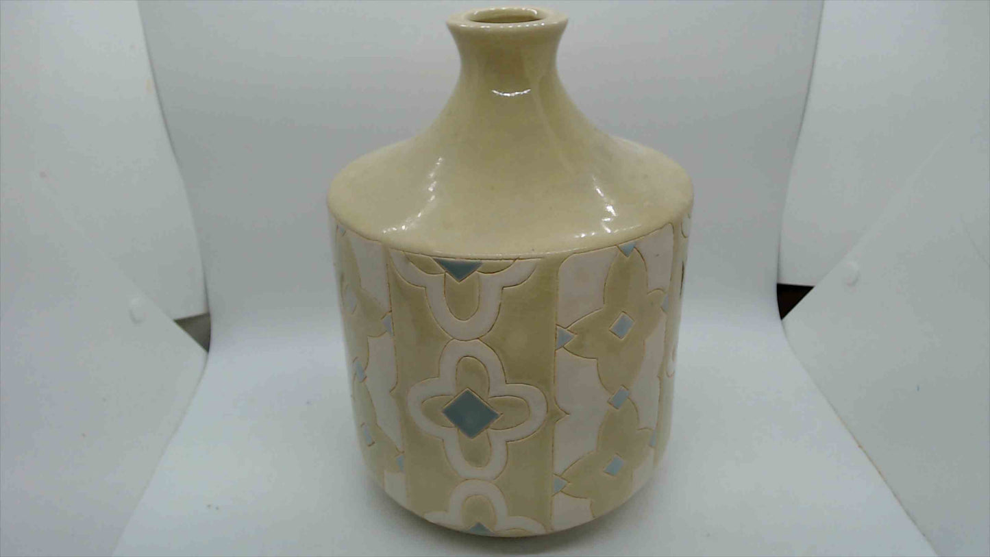 Large Cream & Blue Moroccan Quatrefoil Ceramic Jug Vase – 9.5" Tall