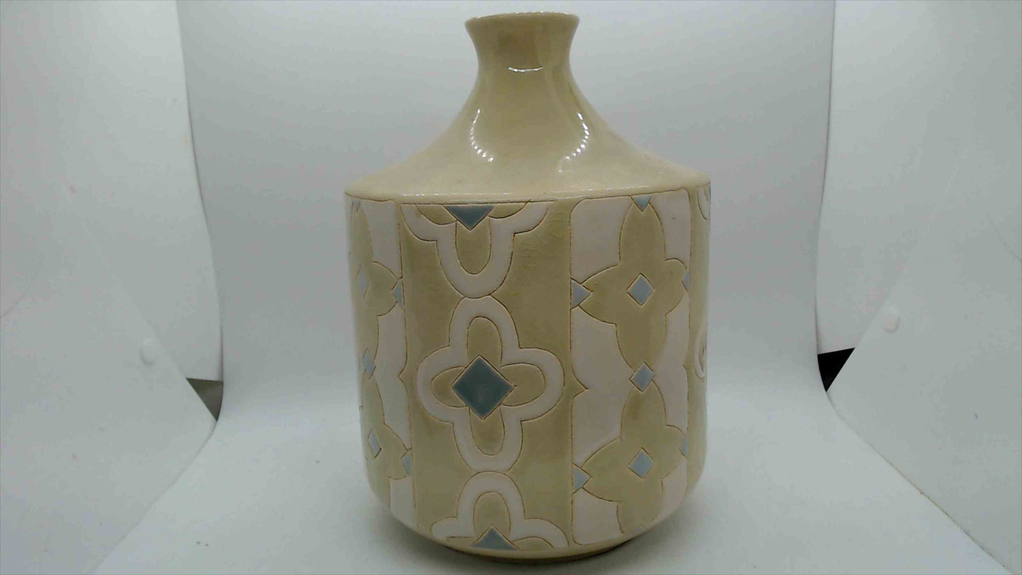 Large Cream & Blue Moroccan Quatrefoil Ceramic Jug Vase – 9.5" Tall