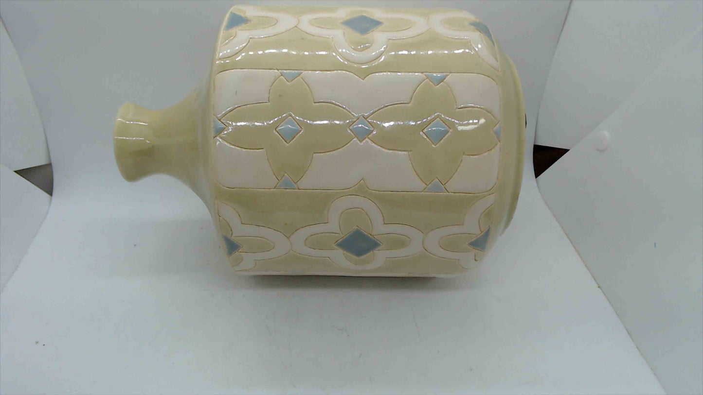 Large Cream & Blue Moroccan Quatrefoil Ceramic Jug Vase – 9.5" Tall