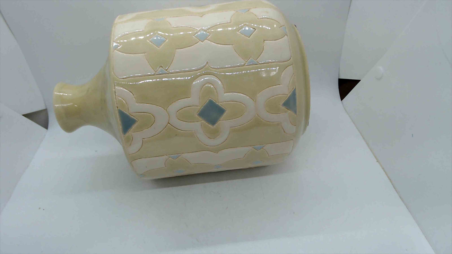Large Cream & Blue Moroccan Quatrefoil Ceramic Jug Vase – 9.5" Tall