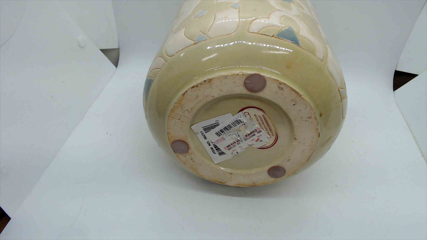 Large Cream & Blue Moroccan Quatrefoil Ceramic Jug Vase – 9.5" Tall