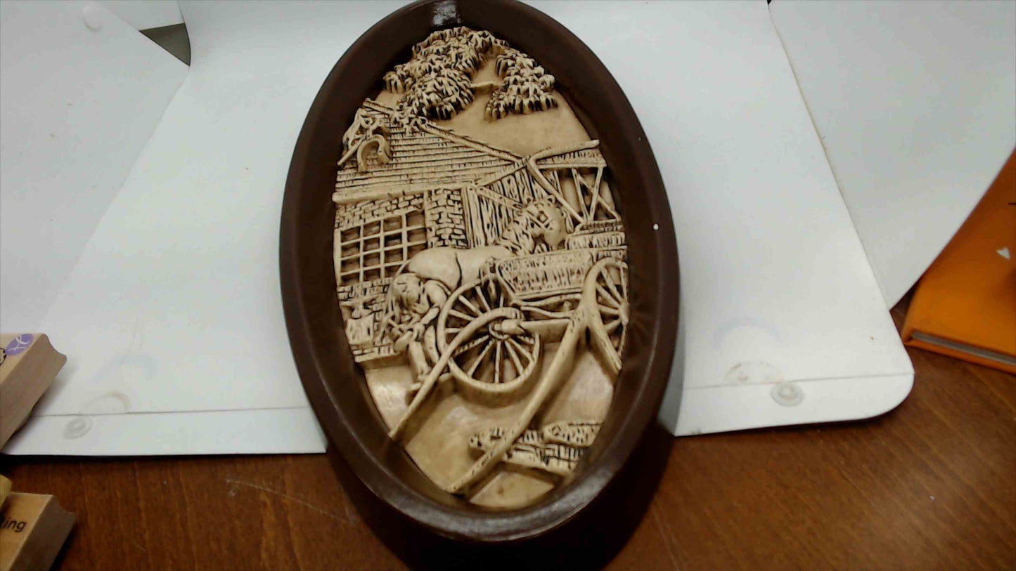 Vintage Country Farm Relief Wall Plaque – Oval (Wagon Scene)
