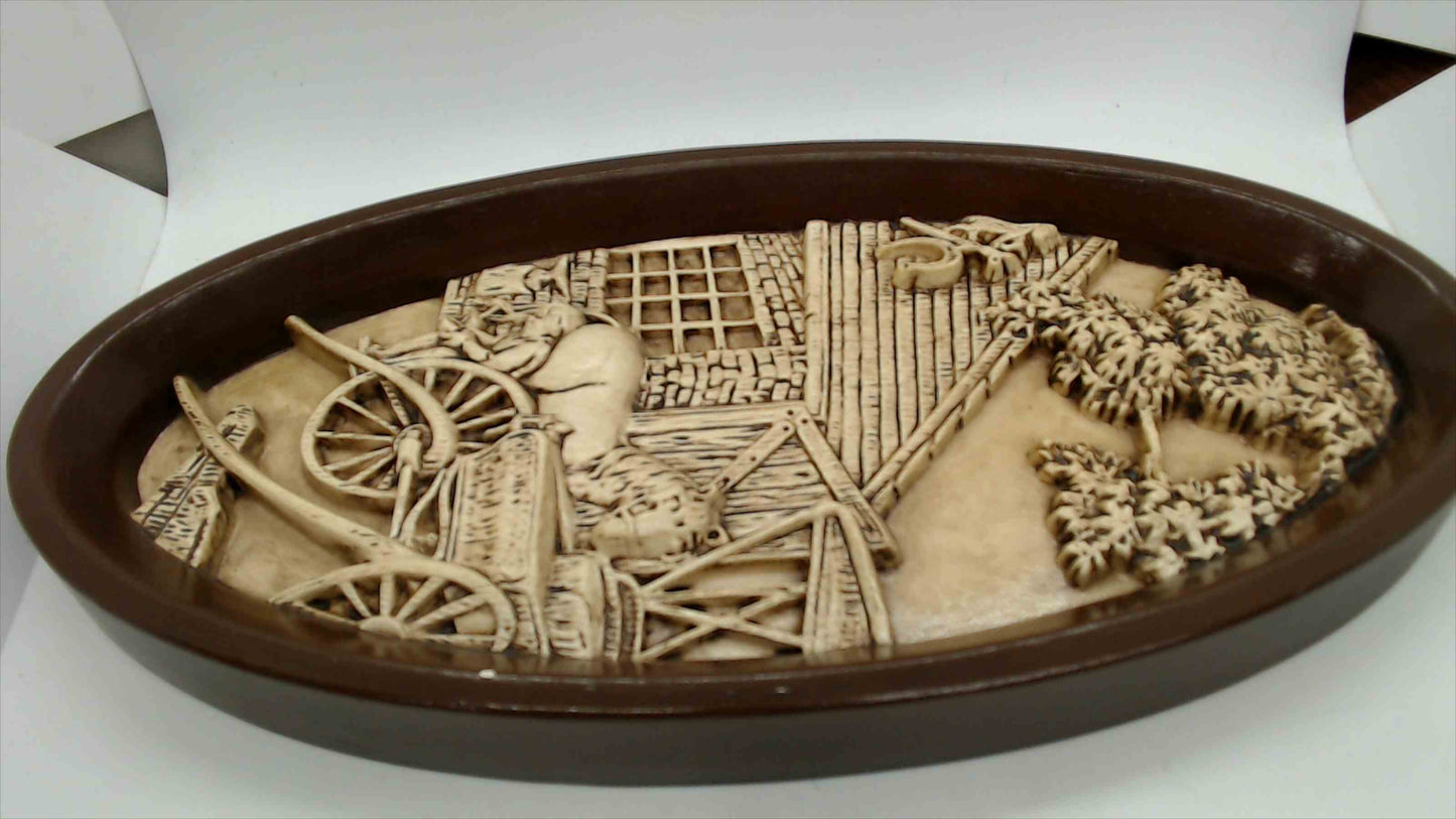 Vintage Country Farm Relief Wall Plaque – Oval (Wagon Scene)