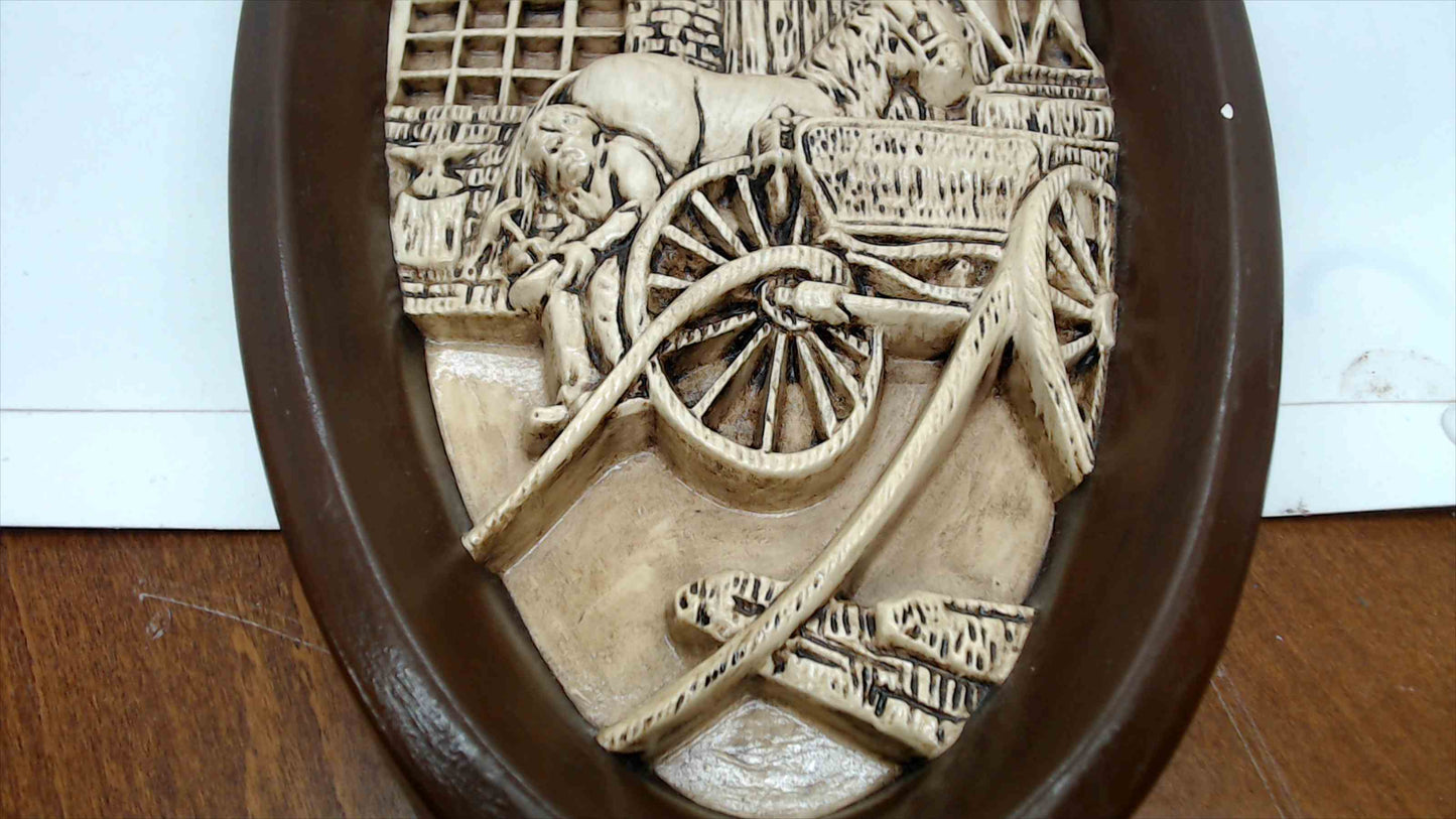 Vintage Country Farm Relief Wall Plaque – Oval (Wagon Scene)