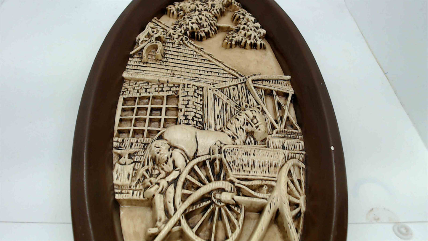 Vintage Country Farm Relief Wall Plaque – Oval (Wagon Scene)