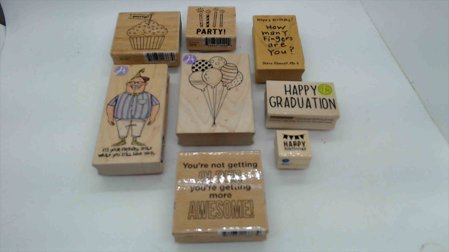 Lot of 8 Wood Mounted Rubber Stamps – Birthday & Celebration Theme