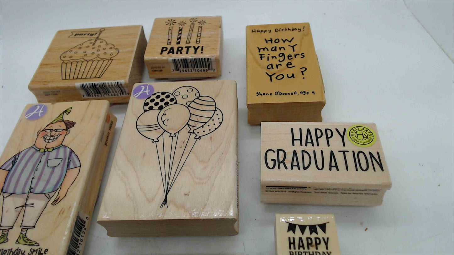 Lot of 8 Wood Mounted Rubber Stamps – Birthday & Celebration Theme