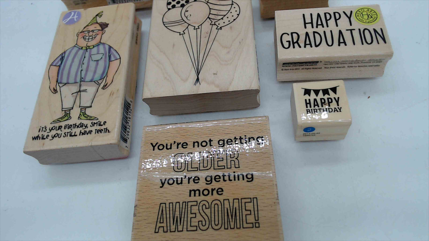 Lot of 8 Wood Mounted Rubber Stamps – Birthday & Celebration Theme