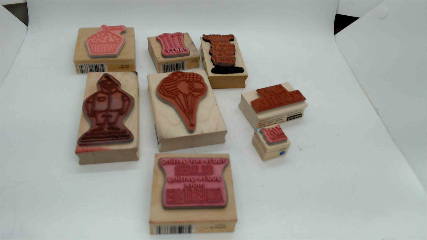 Lot of 8 Wood Mounted Rubber Stamps – Birthday & Celebration Theme