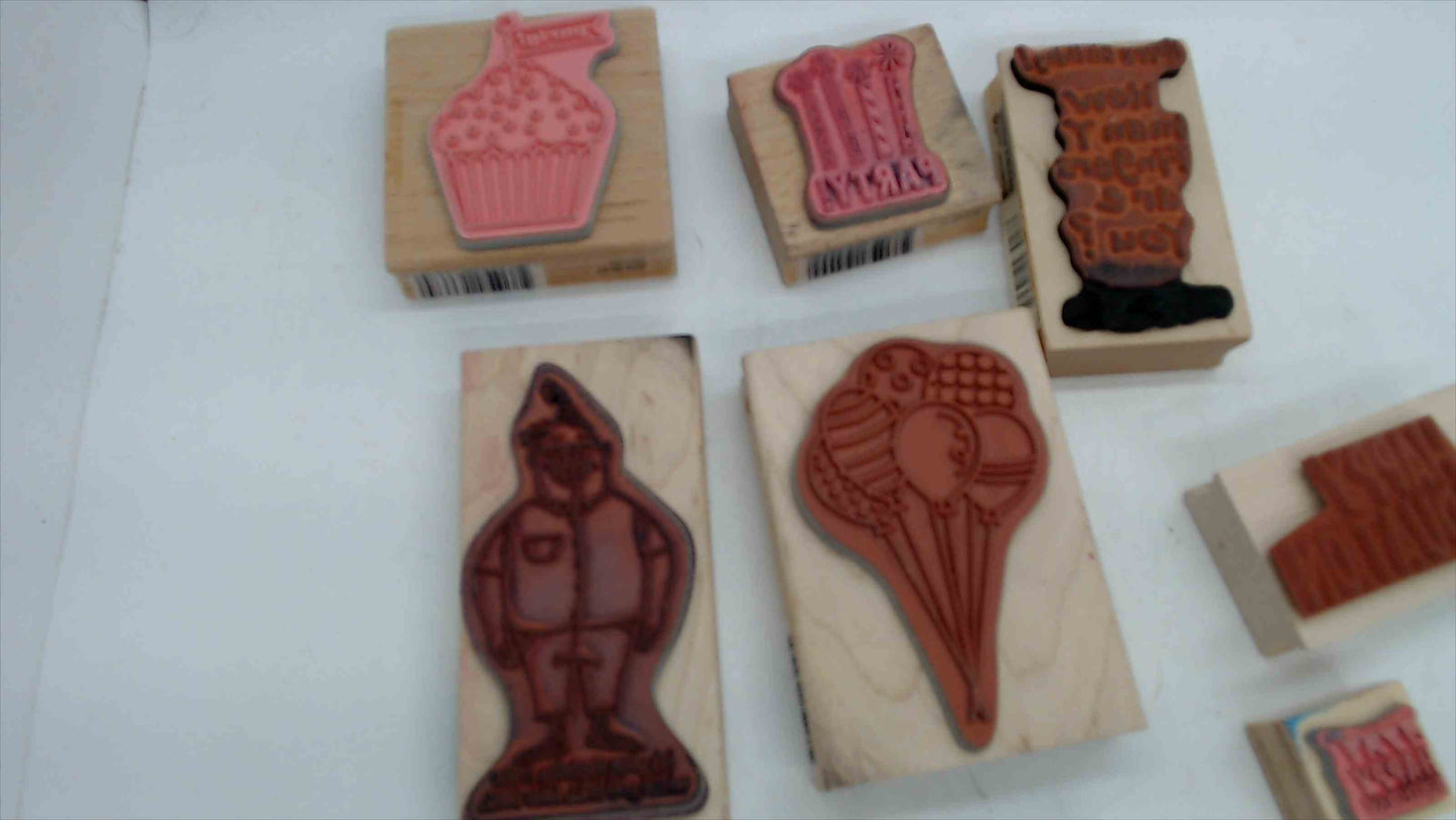 Lot of 8 Wood Mounted Rubber Stamps – Birthday & Celebration Theme