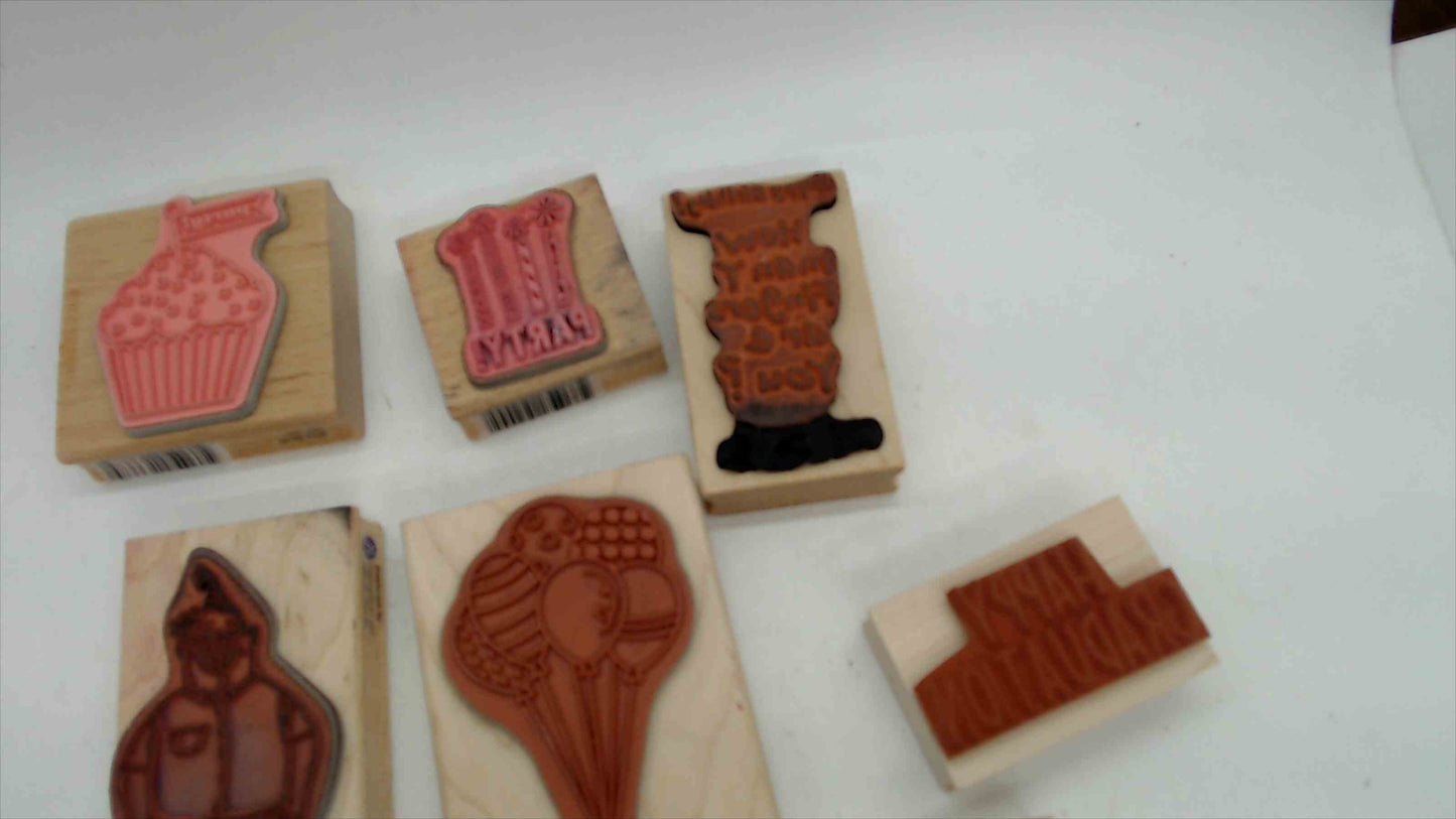 Lot of 8 Wood Mounted Rubber Stamps – Birthday & Celebration Theme