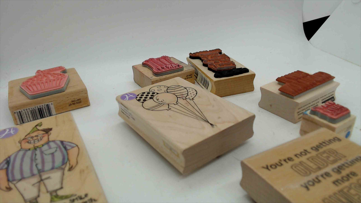 Lot of 8 Wood Mounted Rubber Stamps – Birthday & Celebration Theme