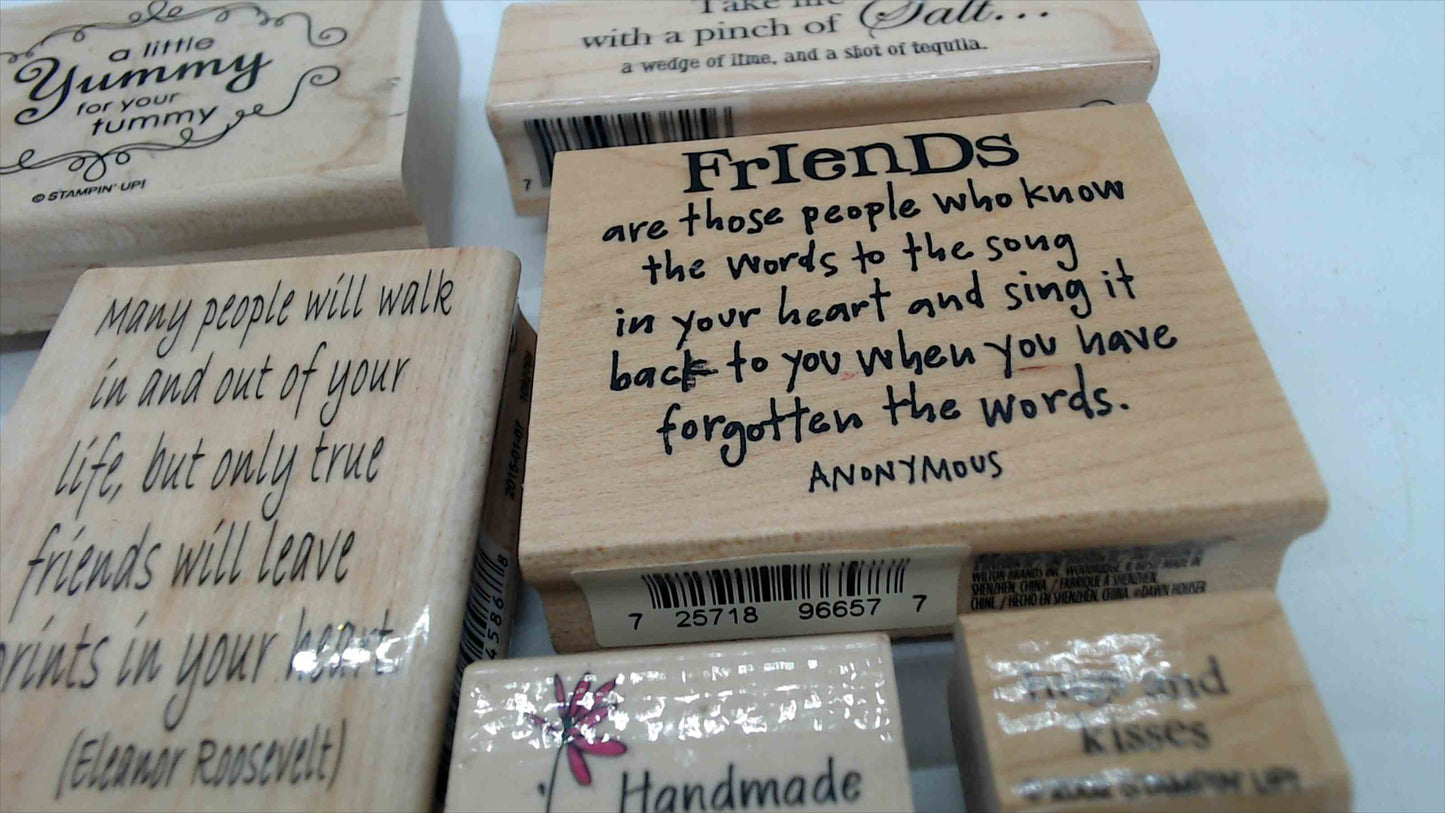 Lot of 6 Wood Mounted Rubber Stamps – Friendship, Sentiment & Quote Theme