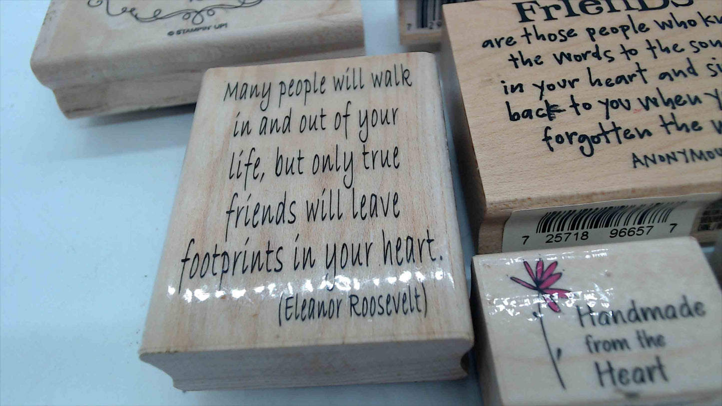 Lot of 6 Wood Mounted Rubber Stamps – Friendship, Sentiment & Quote Theme