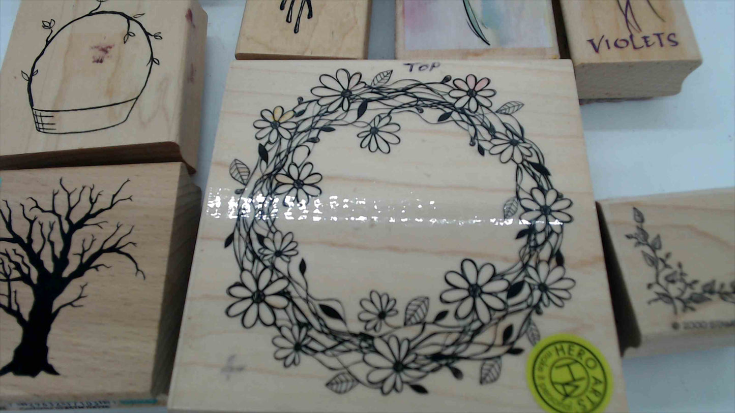 Lot of 8 Wood Mounted Rubber Stamps – Floral & Nature Theme