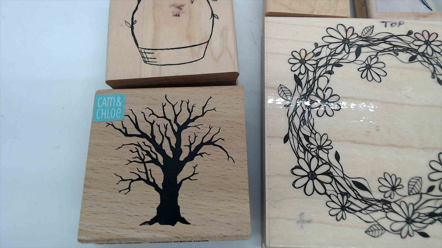 Lot of 8 Wood Mounted Rubber Stamps – Floral & Nature Theme