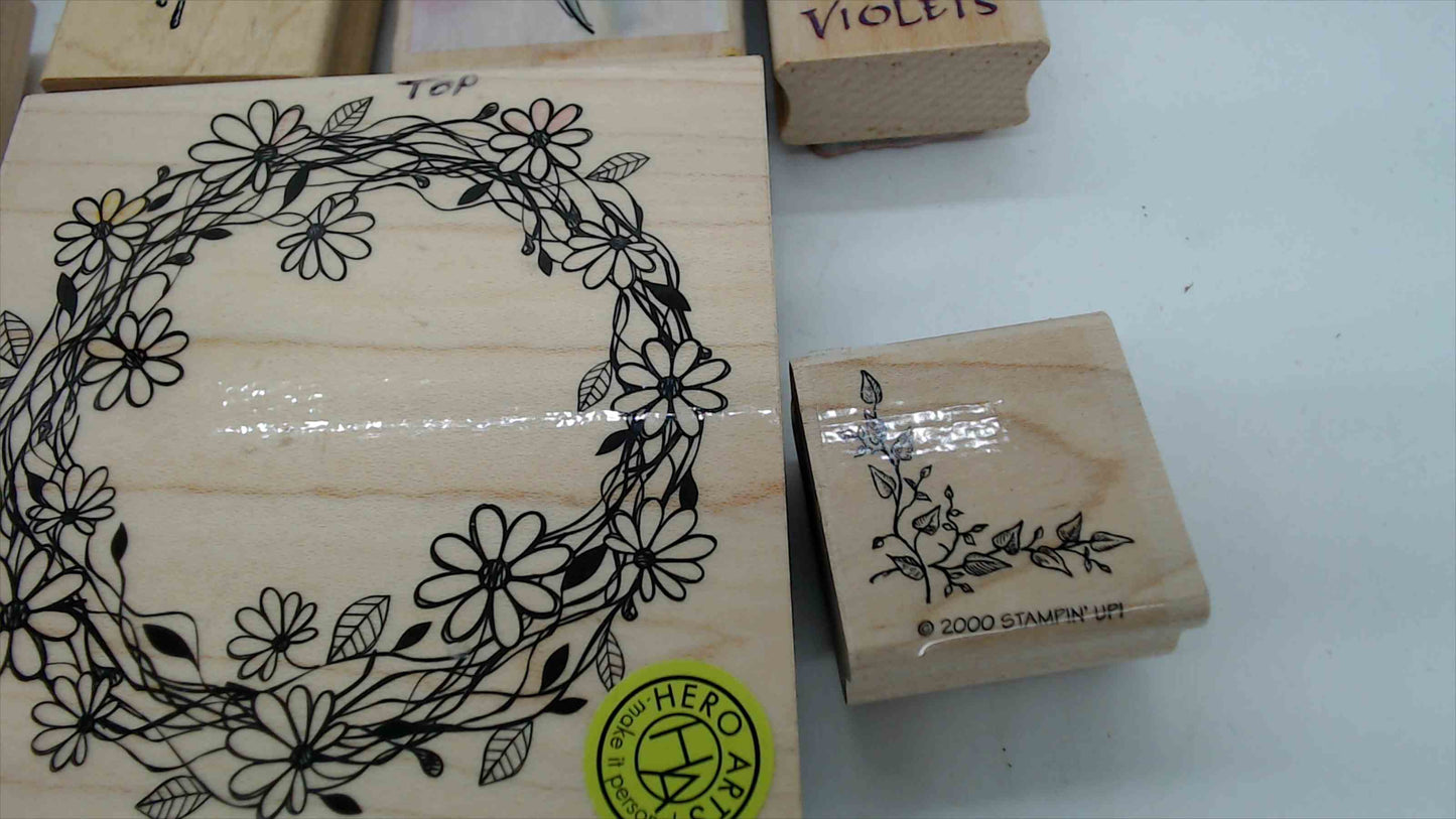 Lot of 8 Wood Mounted Rubber Stamps – Floral & Nature Theme