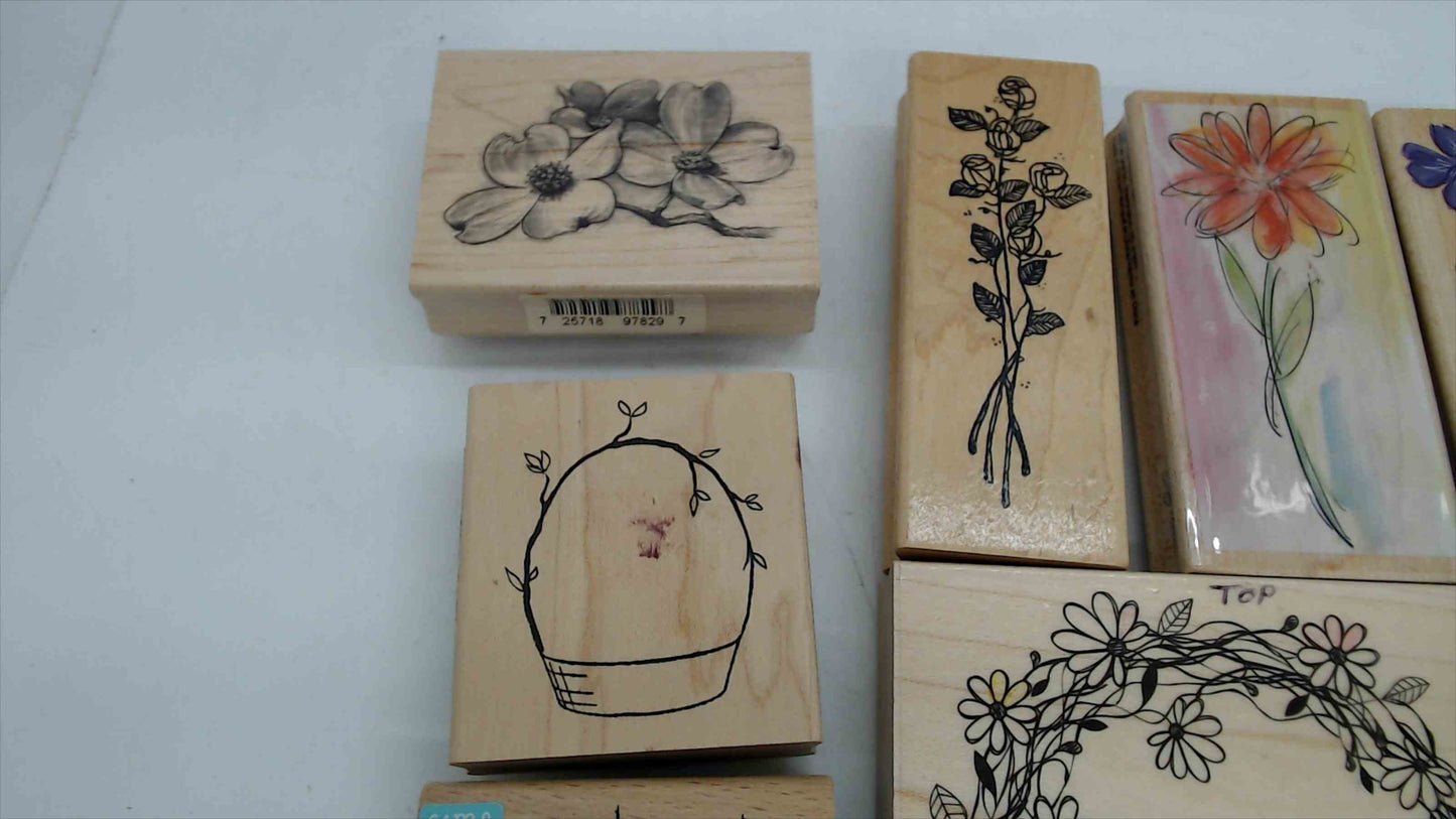 Lot of 8 Wood Mounted Rubber Stamps – Floral & Nature Theme
