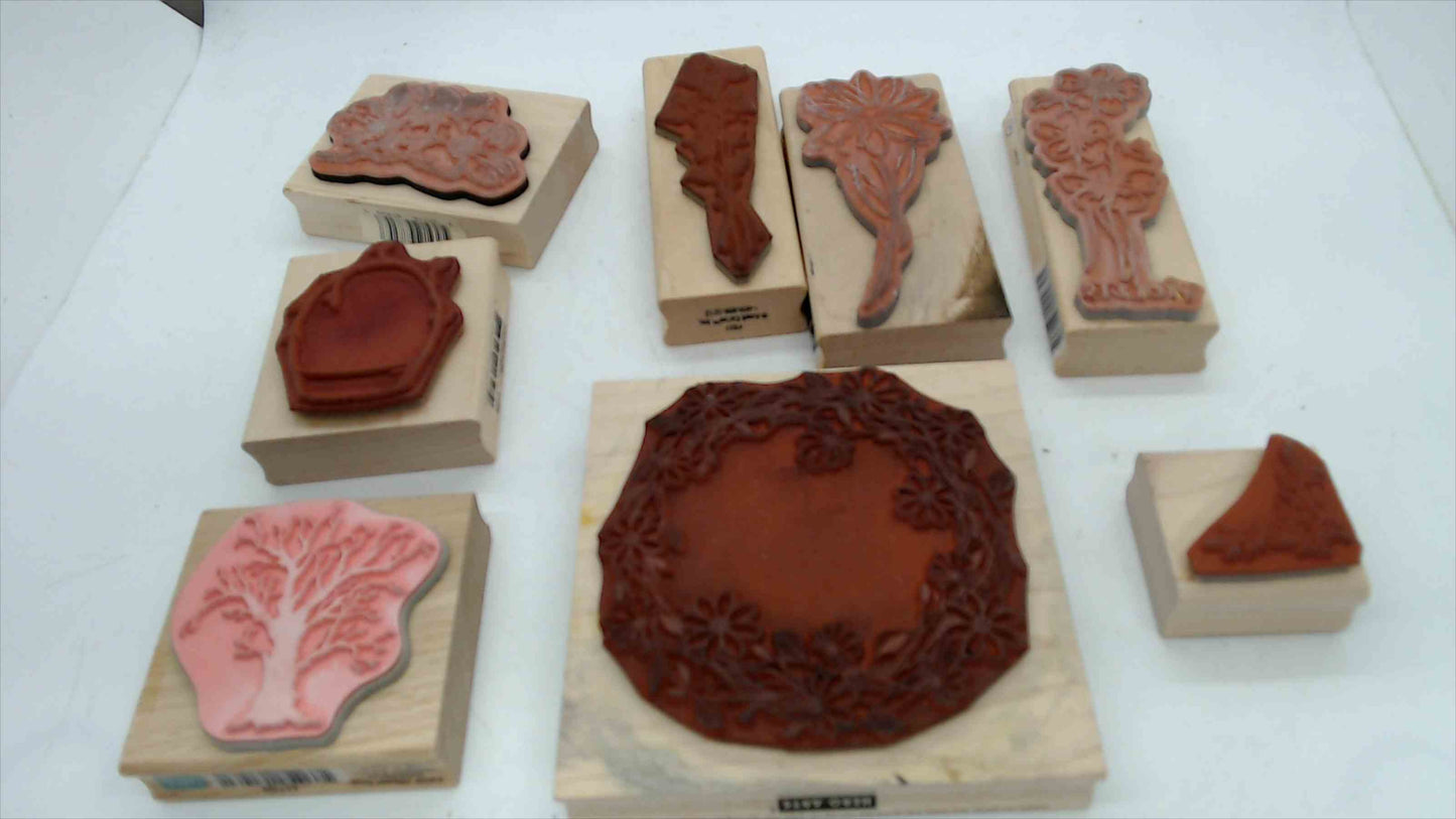 Lot of 8 Wood Mounted Rubber Stamps – Floral & Nature Theme