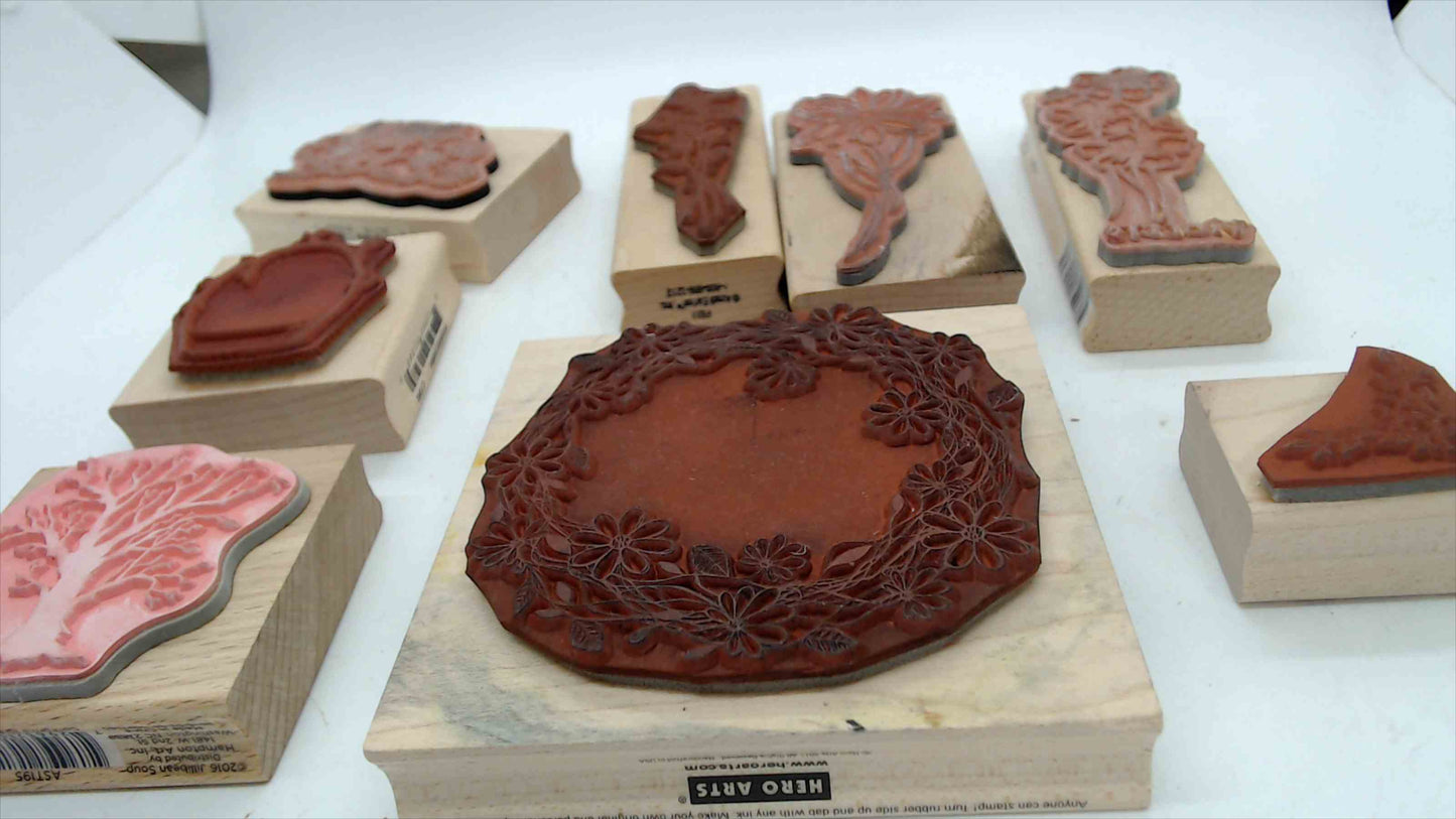 Lot of 8 Wood Mounted Rubber Stamps – Floral & Nature Theme