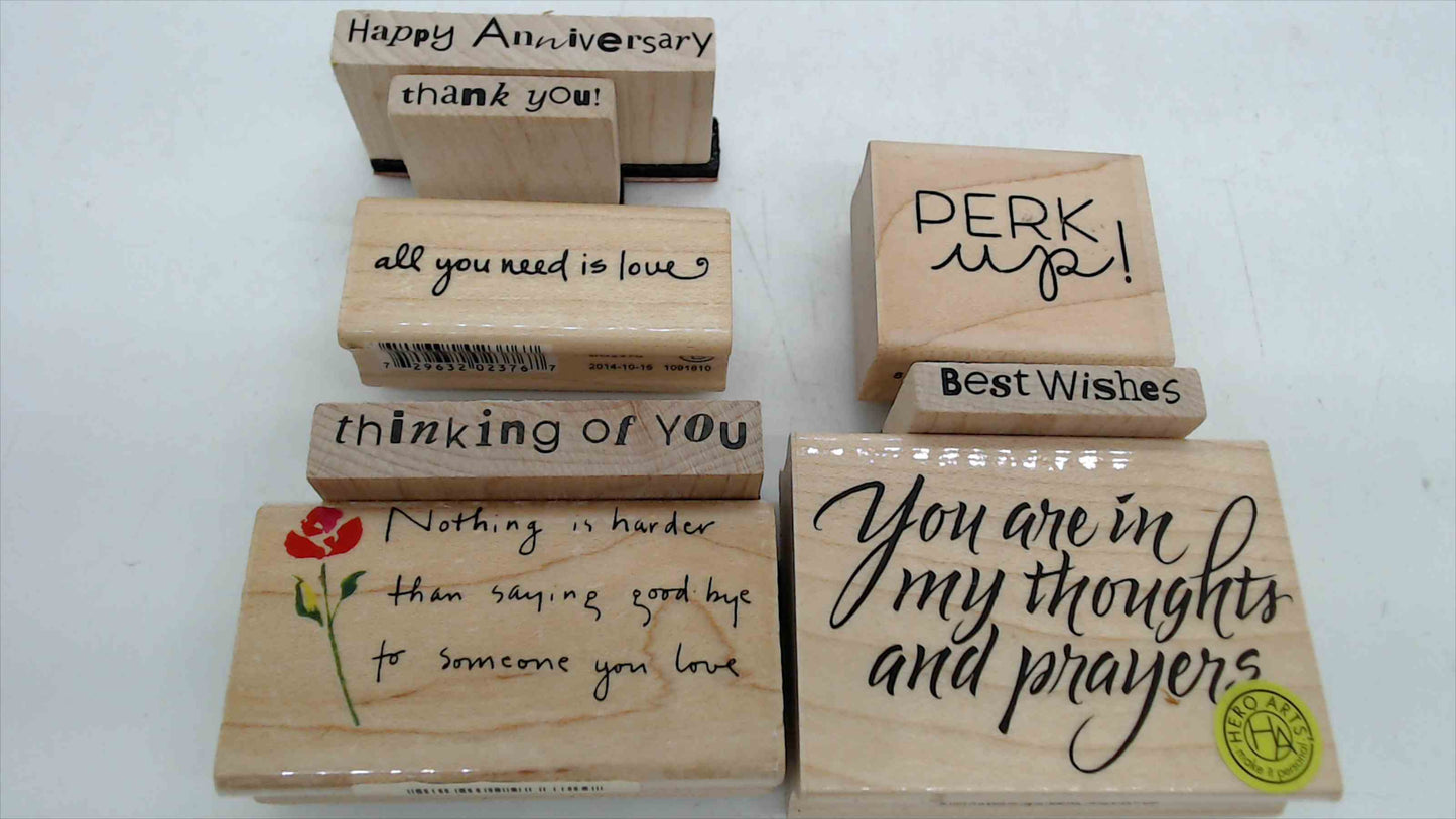 Lot of 8 Wood Mounted Rubber Stamps – Greeting & Sentiment Theme