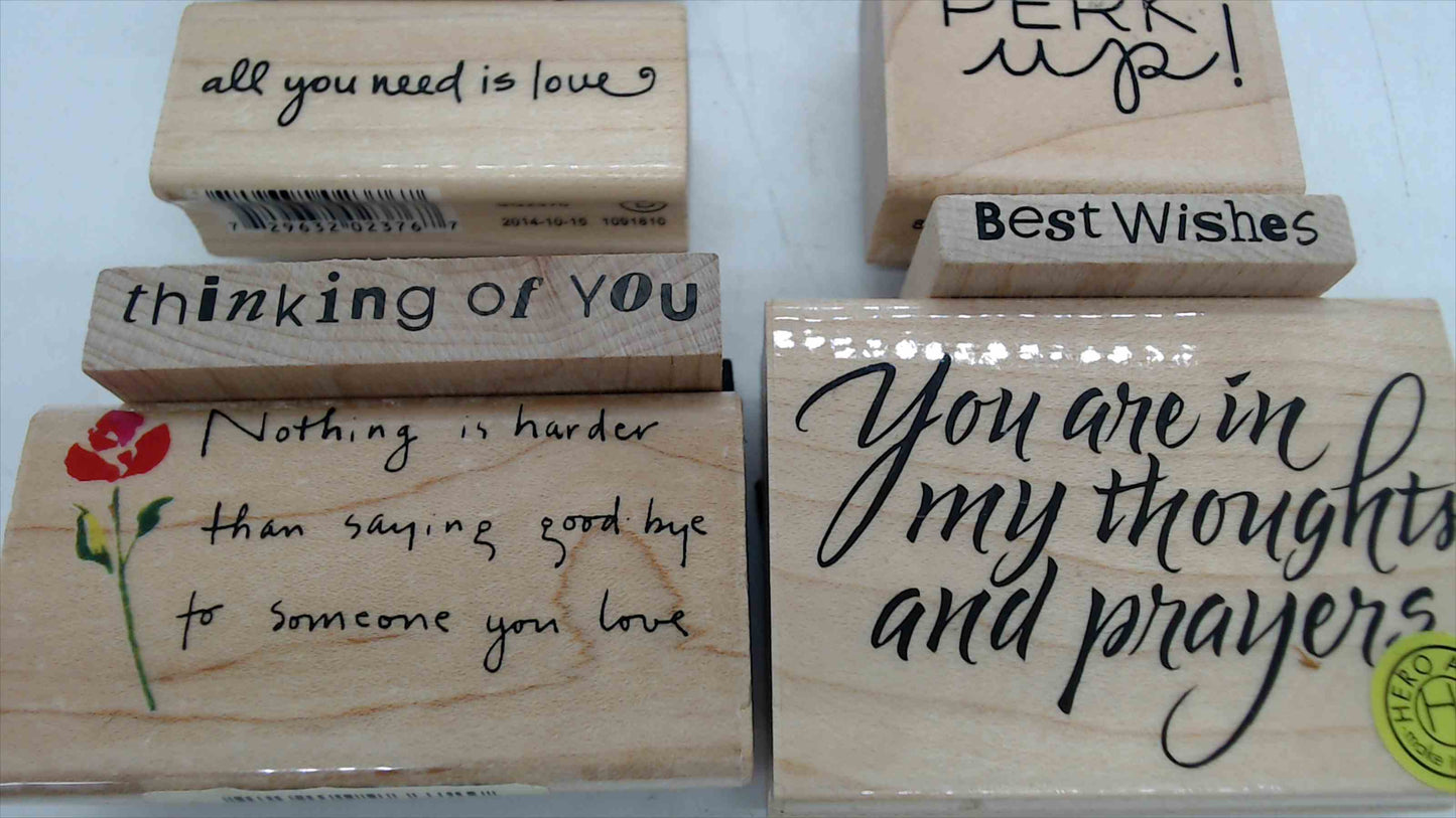 Lot of 8 Wood Mounted Rubber Stamps – Greeting & Sentiment Theme