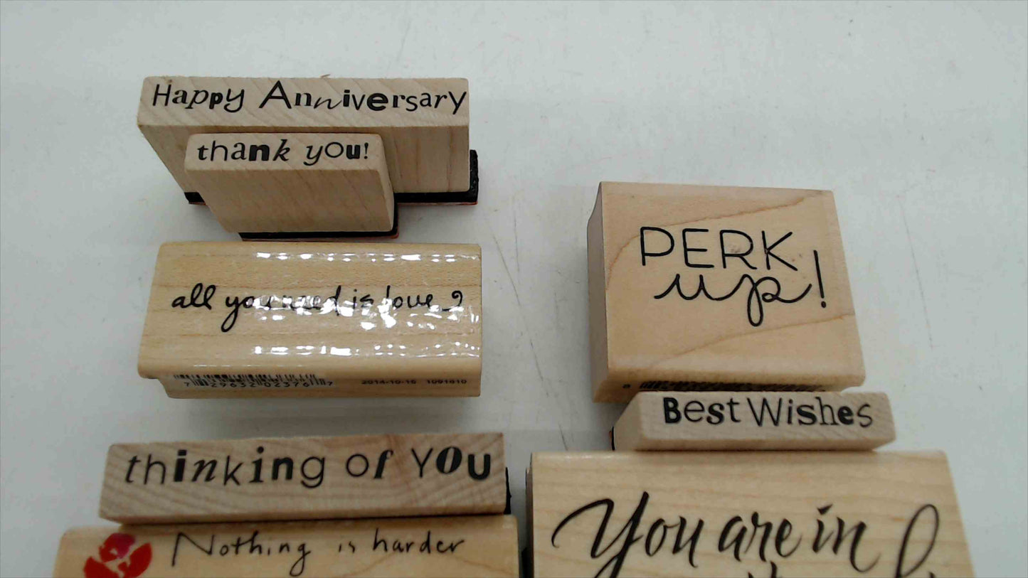 Lot of 8 Wood Mounted Rubber Stamps – Greeting & Sentiment Theme
