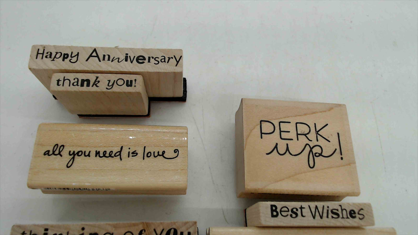 Lot of 8 Wood Mounted Rubber Stamps – Greeting & Sentiment Theme